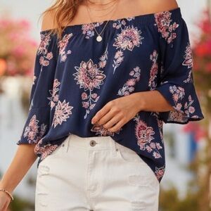 Boho Old Navy Navy Blue Floral Off the Shoulder Bell Sleeve Blouse Size M